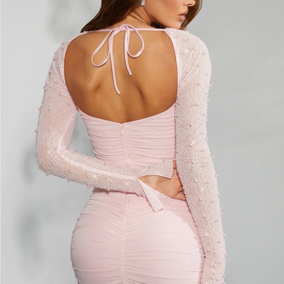 ST. GERMAIN Embellished Long Sleeve Mini Dress in Blush - Picture 2 of 4
